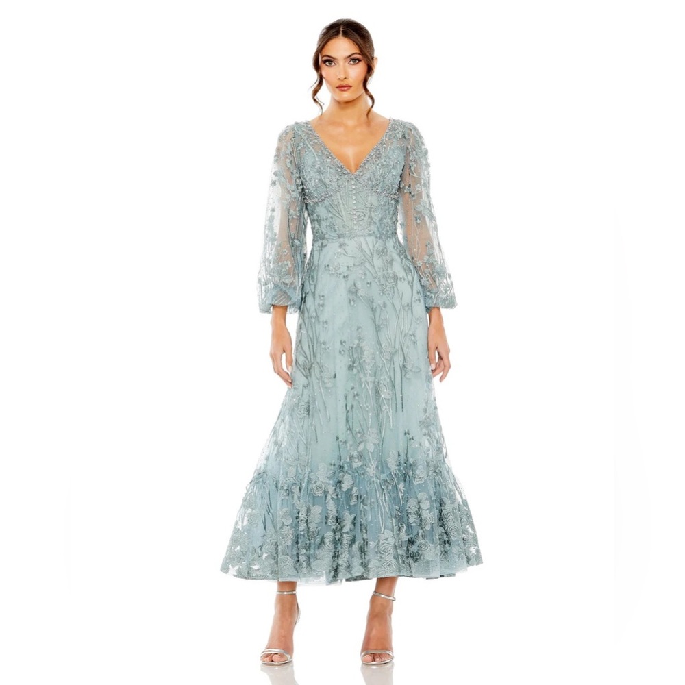V-NECK MESH PUFF SLEEVE A LINE EMBELLISHED TEA LENGTH DRESS SEAFOAM BRAND NEW